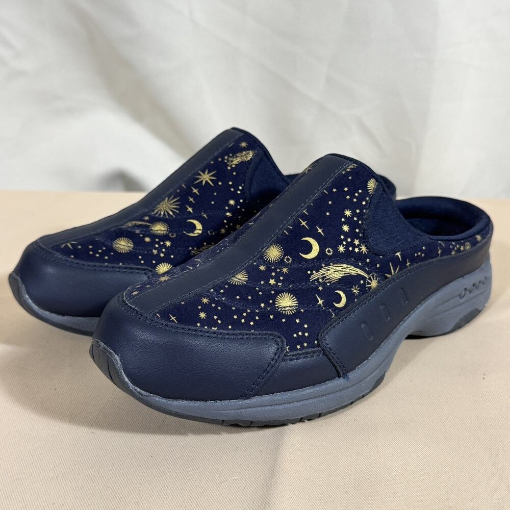 Easy Spirit Traveltime 531 Women 7W Celestial Moon Stars Clogs Mules Navy Gold